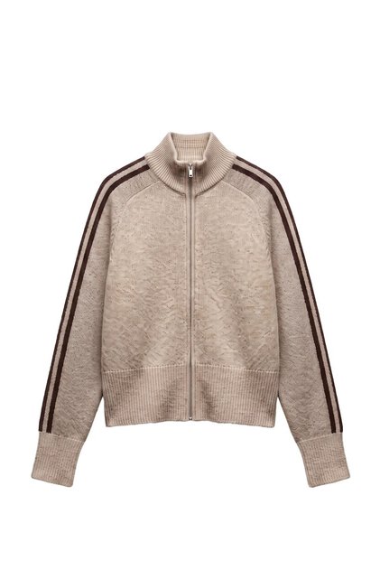 Beige Double Striped Stand Collar Knitwear Cardigan