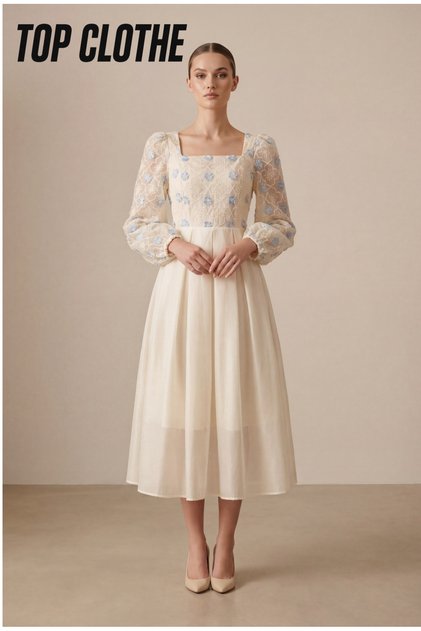 Midi Dress with Delicate Floral Embroidery