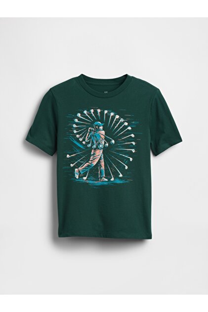 Erkek Çocuk Koyu Yeşil Grafik Baskılı T-Shirt