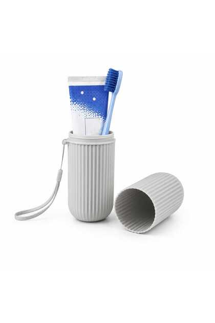 Travel Toothbrush and Toothpaste Case with Lid and Carrying Strap - Gray