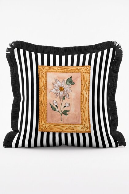 Retro Gold Framed White Daisy Themed Striped Fringed Throw Pillow Cover