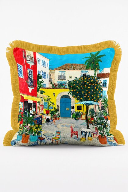 Colorful Town Square Cafe and Tree View Fringed Cushion Cover
