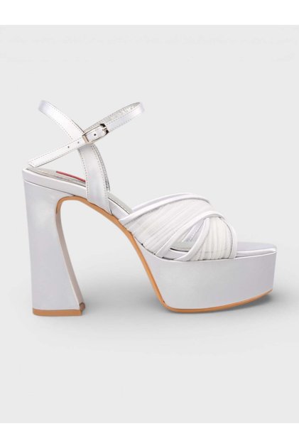 Women's summer 15cm thick open heel shoes - 574 1121-26 - silver satin