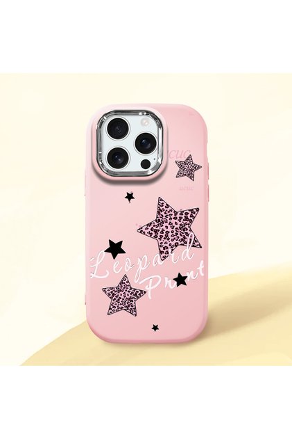 iPhone 16 Pro Compatible Leopard Pattern Stars Pattern Shock Absorbing Pink Silicone Case with Camera Protection