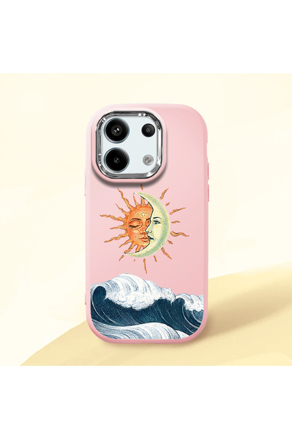 Redmi Note 13 Pro 5g Compatible Retro Style Sun Moon Sea Wave Pattern Shock Absorbing Camera Protected Pink Silicone Case