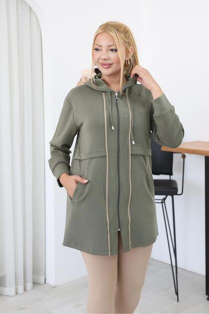 Plus Size Hooded Modal Fabric Cardigan with Piping Detail