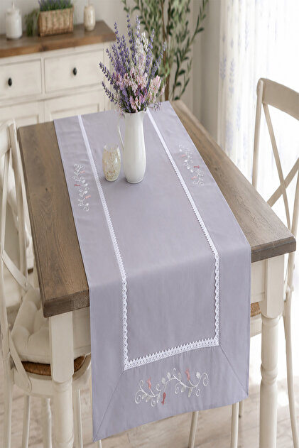 Buldan Linen Leaf Embroidered Runner, Console, Coffee Table Cover-Grey