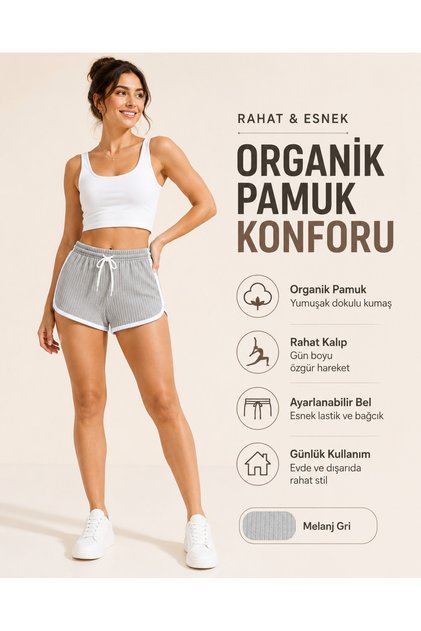 | Vintage Soft Dolphin Şort Yan Beyaz Şerid Biyeli Organik Pamuk Rahat Kadın Şort ( Melanj Gri )