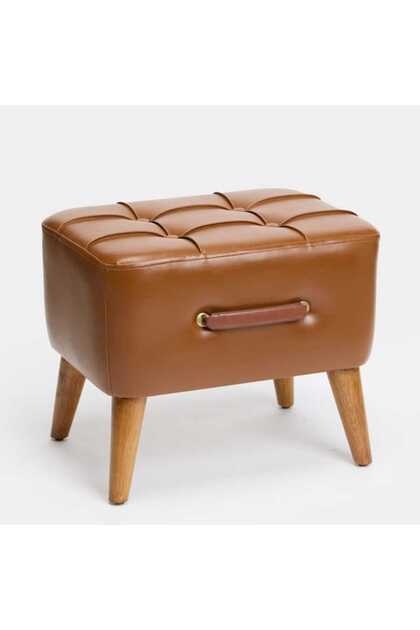 Ottocase Nostaljik El Yapımı Kapitoneli Deri Puf - Kahverengi -35x33x43 cm