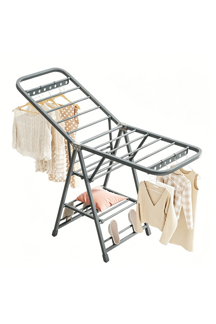 160CM Grey 3‑Tier Folding Metal Clothes Drying Rack, Heavy‑Duty Windproof Freestanding Laundry Drying Stand, Indoor Outdoor Balcony Garment Hanger