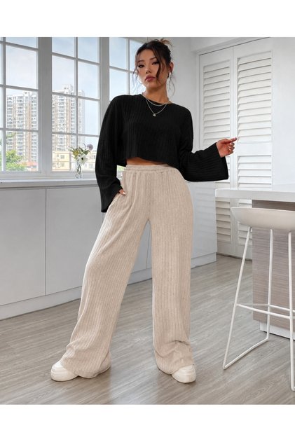 Black-Beige Spanish Flared Ribbed Top and Bottom Set