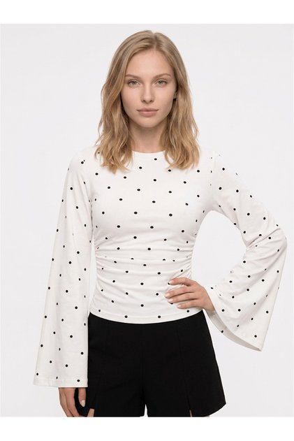 Women's Fabric Ruffle Detail Wide Sleeve Blouse Polka Dot White