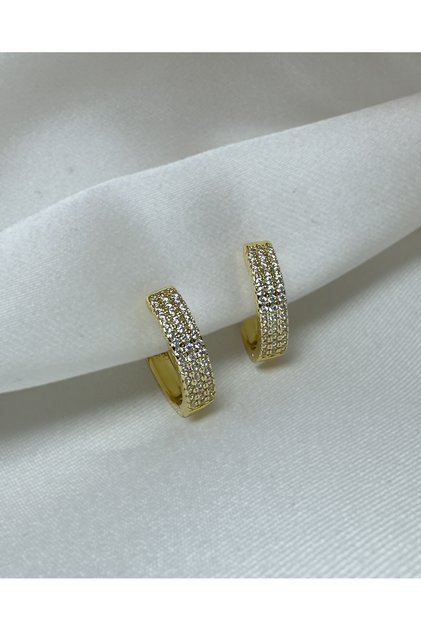 Premium Series Three Row Stone Paved Hoop Steel Earrings - Gold Triple Row Pave Hoop Earrings