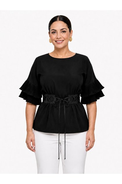 Plus Size, Noche Pleated, Peplum, Plus Size Blouse with Corset Belt