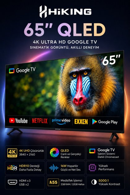 Hiking Serisi 65 inç 165 Ekran 4K Ultra HD Uydu Alıcılı Smart QLED Google TV Televizyon