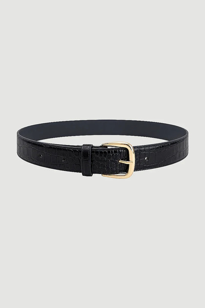 Crocodile Patterned Faux Leather Belt with Gold Buckle - Black
