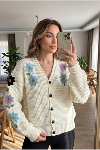 White V-Neck Buttoned Floral Embroidered Knitted Cardigan