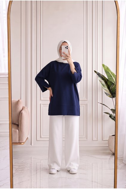 Sırmahan Sleeve Cuffed Slit Tunic-Na912 Navy Blue
