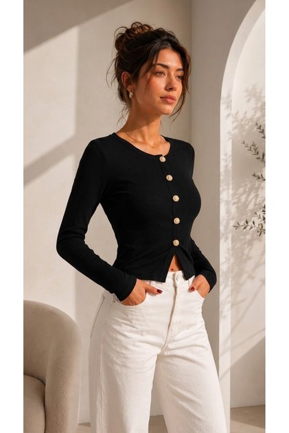 Women's Black Button Detailed Long Sleeve Crew Neck Viscose Fabric Cardigan Blouse