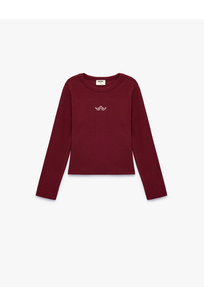 Kanat Nakışlı Slim Fit Pamuklu Kaşkorse Bisiklet Yaka Uzun Kollu Tişört