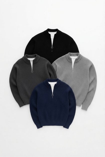 Set of 4 Men's High-Necked Fisherman's Sweaters Made of 100% Cotton Knitwear