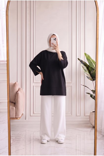 Sırmahan Sleeve Cuffed Slit Tunic-Na912 Black