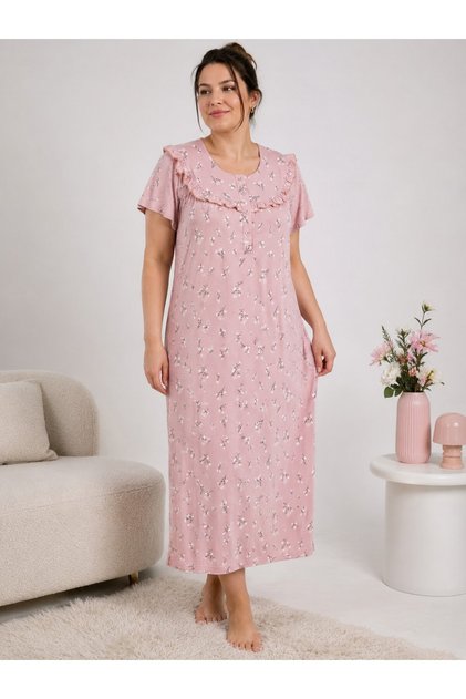 Short Sleeve 100% Cotton Plus Size Floral Patterned Women's Nightgown