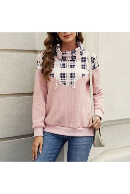Women's Pink Plaid Cowl Neck Sweater