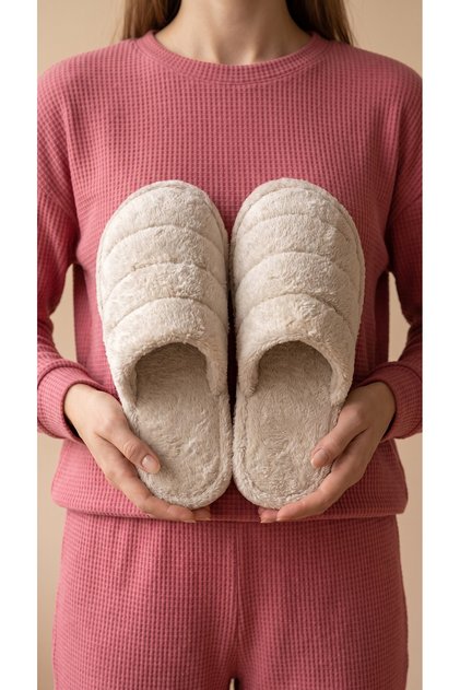 Women's Beige Closed 3-Stripes House Slippers 3 cm Byndkap3C