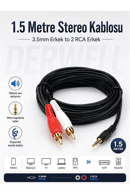 1.5 Metre Stereo Ses Aktarım Kablosu - 3.5mm Erkek to 2 RCA Erkek Altın Kaplama Uçlu Dayanıklı Esnek Aux Dönüştürücü Kablo; Telefon Bilgisayar Laptop TV Amfi Hoparlör MP3 Uyumlu Jak