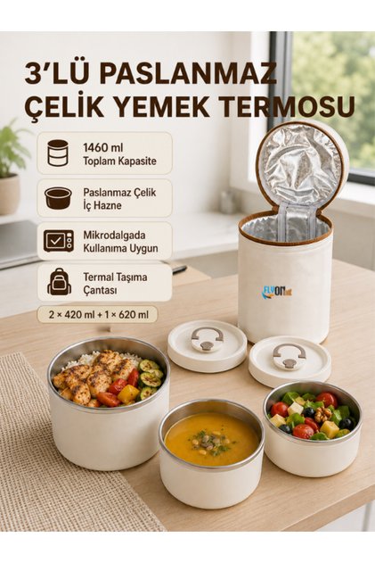 3’lü Paslanmaz Çelik Yemek Termosu 1460 ml Termal Çantalı Mikrodalgaya Uygun Sıcak Soğuk Yemek Taşıma Kabı Sefer Tası
