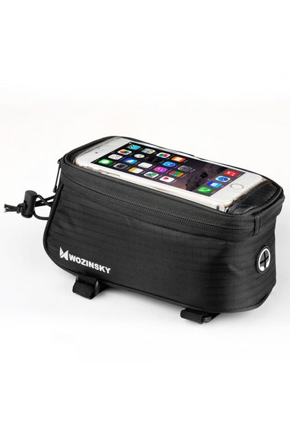 Borseta bicicleta cu husa telefon impermeabila pentru telefoane pana in 6.5 inch, cablu jack 3.5 mm inclus , montare pe cadru , 1.5 L , neagra