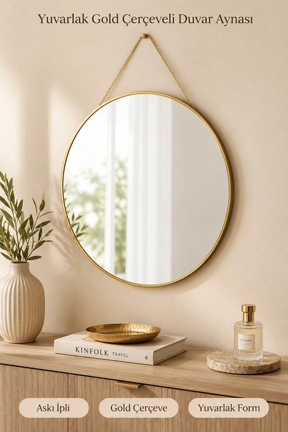Gold Çerçeveli Dekoratif Duvar Aynası 40x25 Askılı Modern Salon Antre Banyo Yatak Odası Aynası