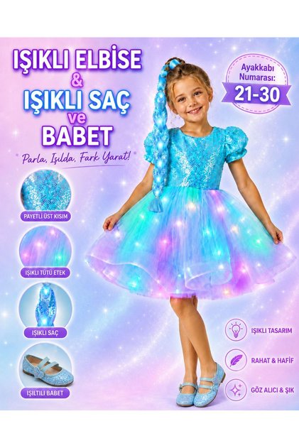Sequined Blue Light-Up Dress Light-Up Hair Elsa Blue Ballerina Shoes 3-Piece Set Costume Elsa Princess Wedding Feast Party Birthday Special Day