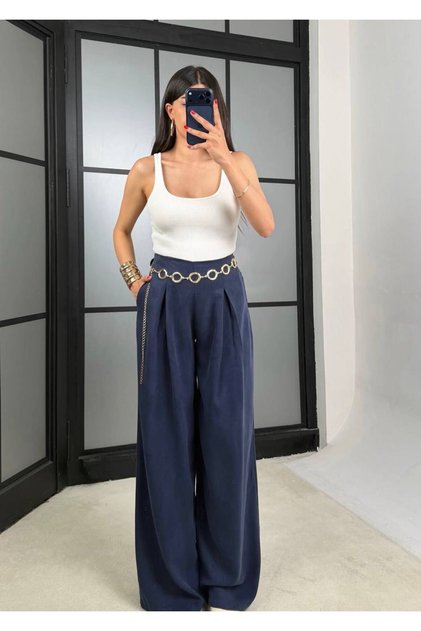 Women's Navy Blue Belted Pleated Palazzo Trousers with Pockets