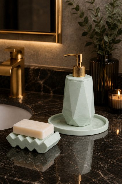Mermer Desenli 3 Parça Banyo Seti Mint Yeşili Sıvı Sabunluk Sabunluk ve Tepsi Seti