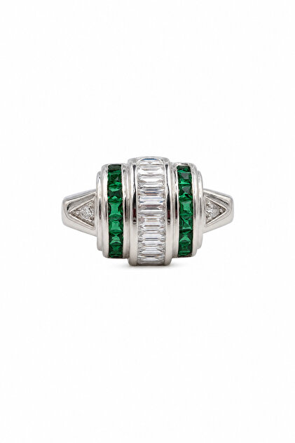 Stylish Steel Ring with Emerald Green and White Stones, Exclusive for Women