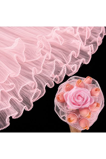 İncili Fırfırlı Krepe Buket Tülü 28x100 cm Pembe Gelin Buketi ve Çiçek Süsleme Tülü
