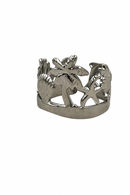 Marine Themed Wide Band Steel Ring with Palm Tree and Starfish Figures Gray