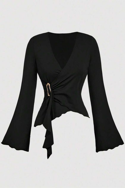 V-Neck Buckle Accessory Detailed Asymmetrical Long Sleeve Blouse