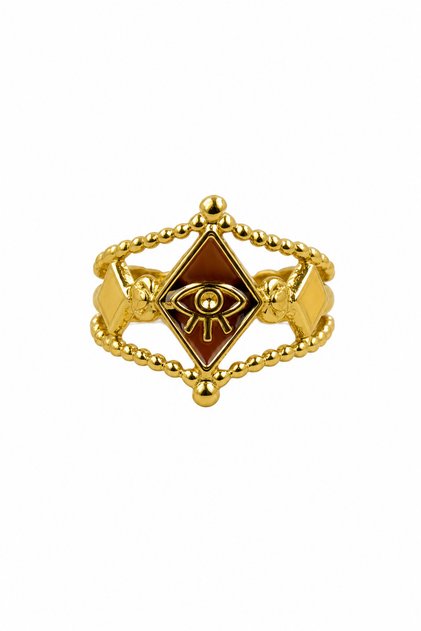 Yellow Color Evil Eye Beaded Eye Detail Steel Ring