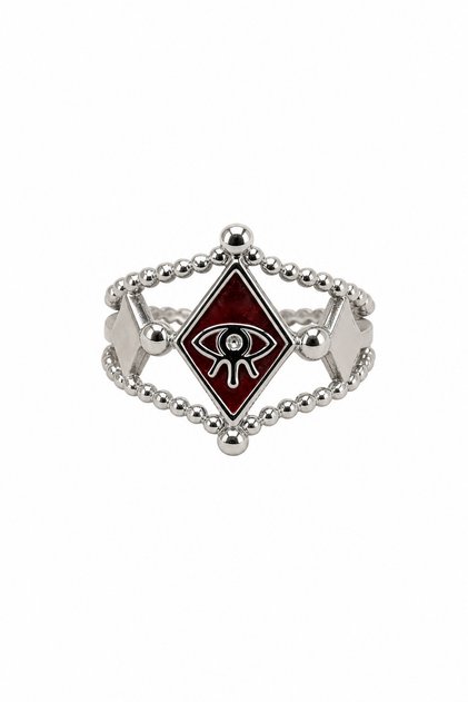Red Enameled Twisted Design Ring with Steel Eye Detail