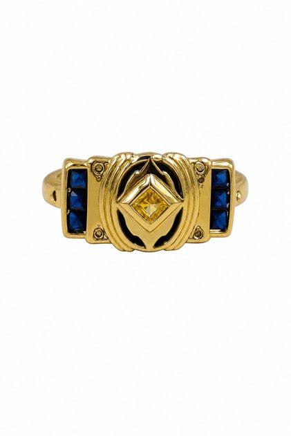 Yellow Tone Steel Ring with Blue and Yellow Stone Detail Modern Design