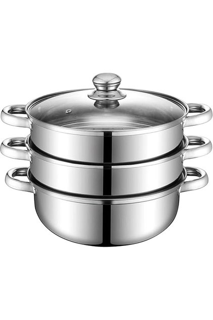 3-Tier Stainless Steel Steamer For Cooking, 11.8 Inch Multi-Layer Steamer Pot with Glass Li