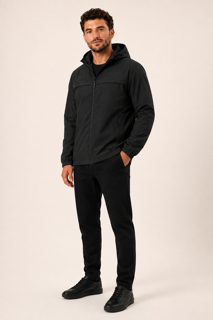 Men's Black, Nova Fabric, Hooded, Water and Wind Resistant, Seasonal Lightweight Raincoat