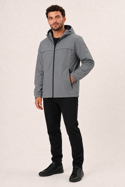 Men's Gray, Nova Fabric, Hooded, Water and Wind Resistant, Seasonal Lightweight Raincoat