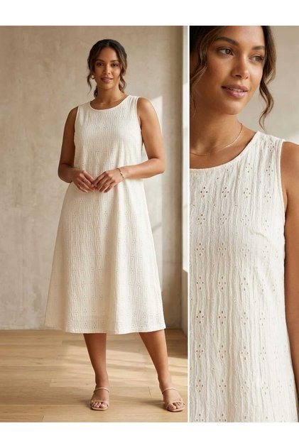 Women's Ecru Embroidered Lined Sleeveless Dress Summer Cotton Casual Dress