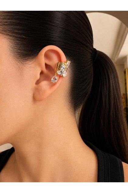 Gold Renk Kristal Taşlı Sallantılı Kıkırdak Küpe