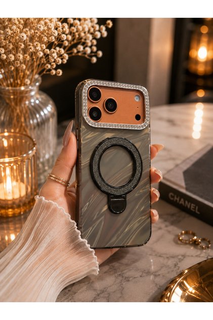 iPhone 17 Pro Max Compatible Premium Stone Glossy Pearlescent Case with Stand – Camera Frame, Stylish Design, Shock Absorbing