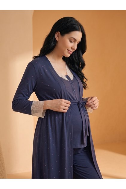 Navy Blue Heart Patterned 3-Piece Maternity & Pregnancy Pajama Set with Dressing Gown